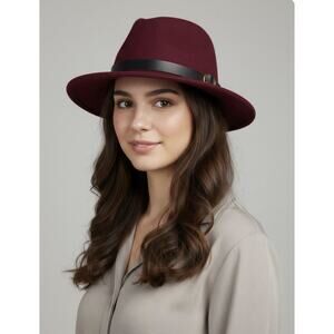 Burgundy 100% Wool Fedora Hat with Leather Band - 21" Diameter - Elegant Unisex
